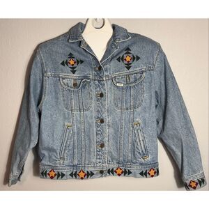 Vintage 90s Lee Riders Southwestern Aztec Embroidered Denim Jacket Women L Moose